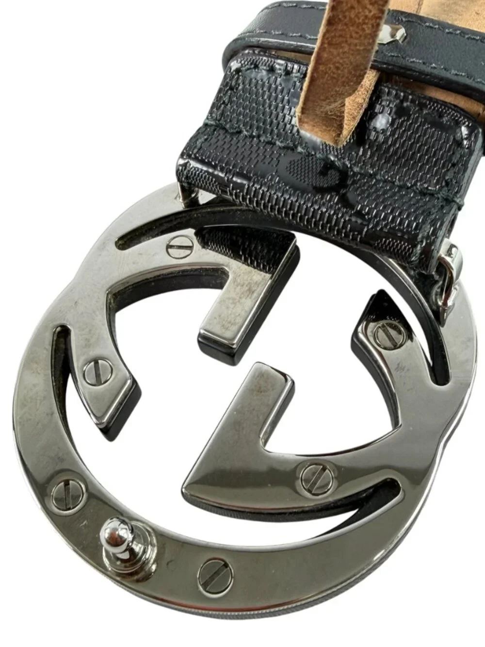 GUCCI Black Canvas & Leather Supreme GG Interlocking Buckle Mens Belt 90/36